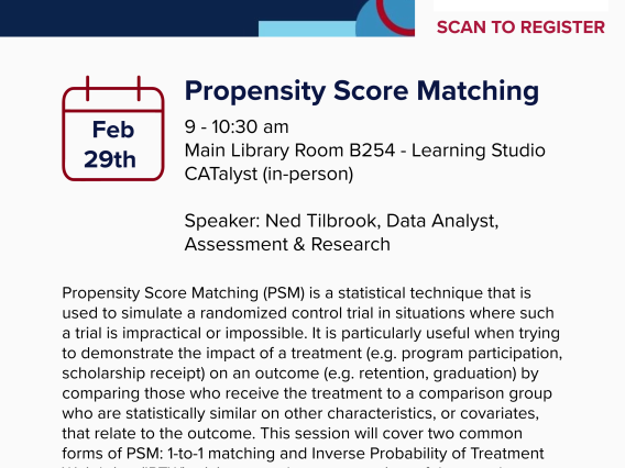 Flyer for the Assessment in the AM Propensity Score Matching event, featuring QR code to sign up and the following information:  February 29th 9 - 10:30 am  Main Library Room B254 - Learning Studio CATalyst (in-person) Speaker: Ned Tilbrook, Data Analyst, Assessment & Research. Propensity Score Matching (PSM) is a statistical technique that is used to simulate a randomized control trial in situations where such a trial is impractical or impossible.