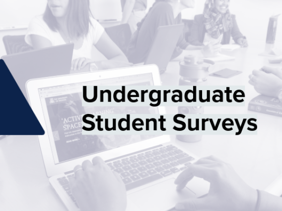 Title "Undergraduate Student Surveys" over a shot of students sitting in front of their laptops and talking, with a blue triangle to the left 