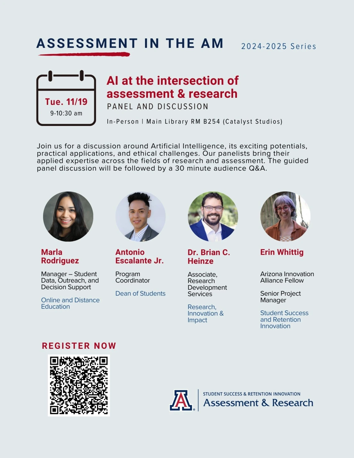 Flyer for Assessment in the AM: AI at the intersection of Assessment & Research. All information included in the flyer is available in the text immediately preceding this picture